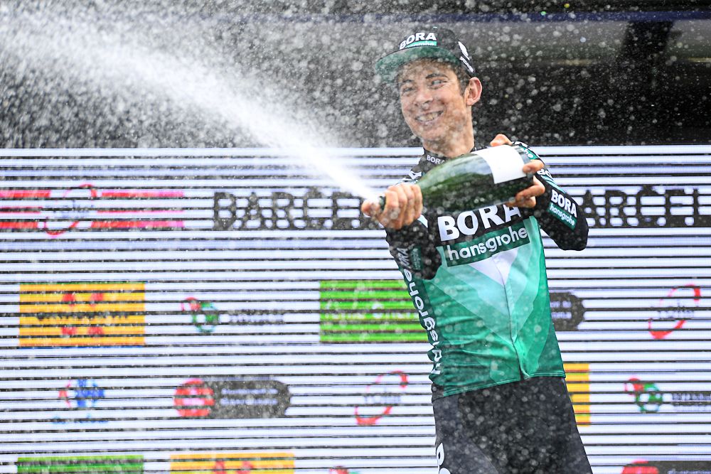 Davide Formolo celebrates winning the final stage at Volta a Catalunya