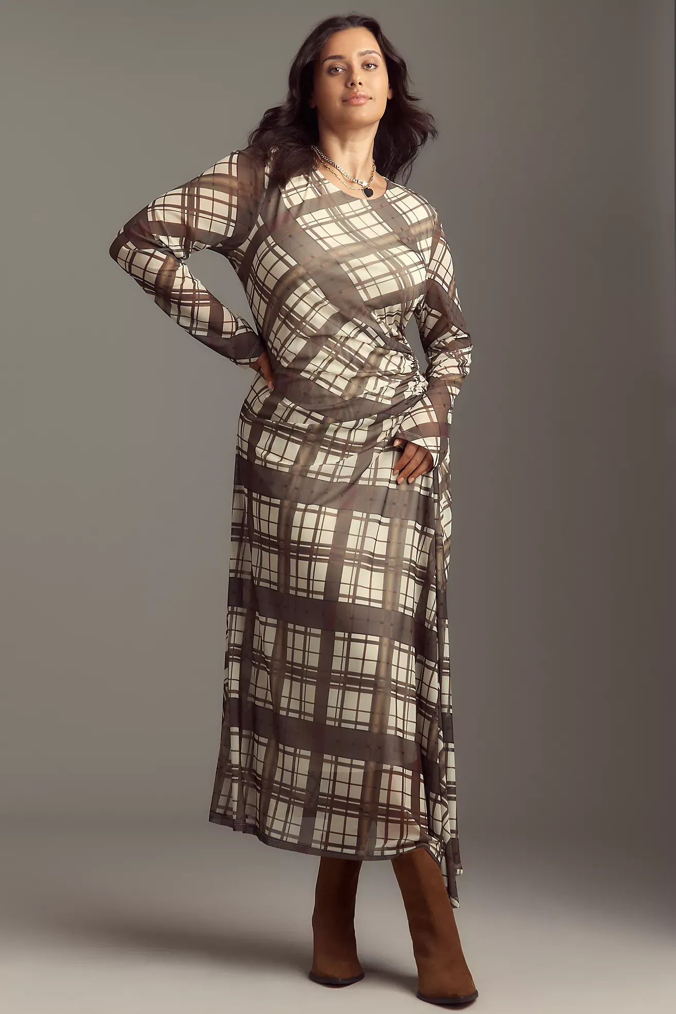 By Anthropologie Long-Sleeve Ruched Mesh Midi Dress