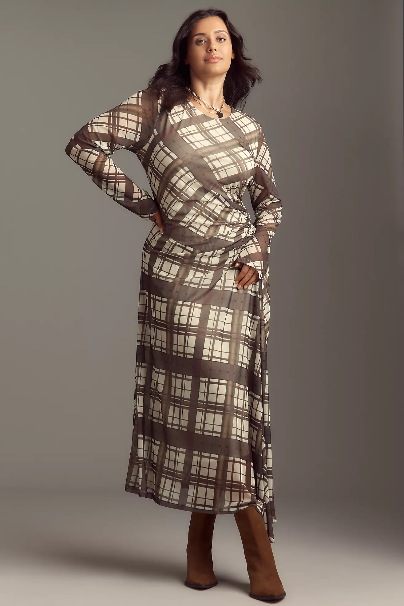 By Anthropologie Long-Sleeve Ruched Mesh Midi Dress