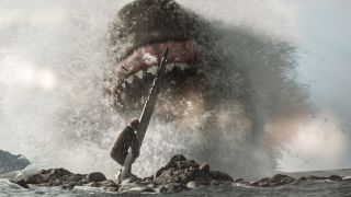 Jason Statham stands ready to impale an incoming Meg in Meg 2: The Trench.