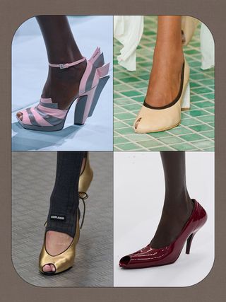 a collage of details images of shoes on the spring/summer 2025 runways