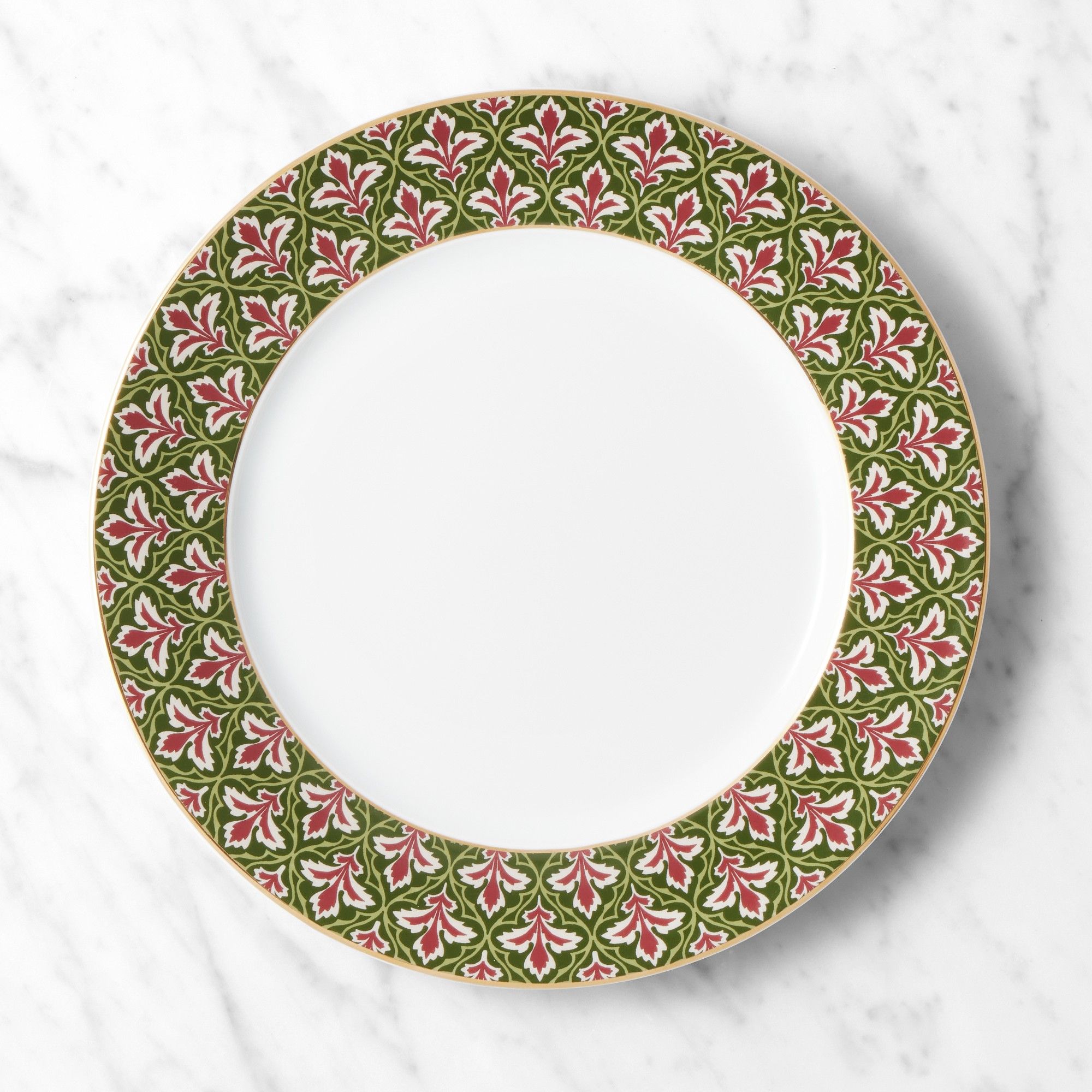 White dinner plate with green, pink and yellow botanical trim