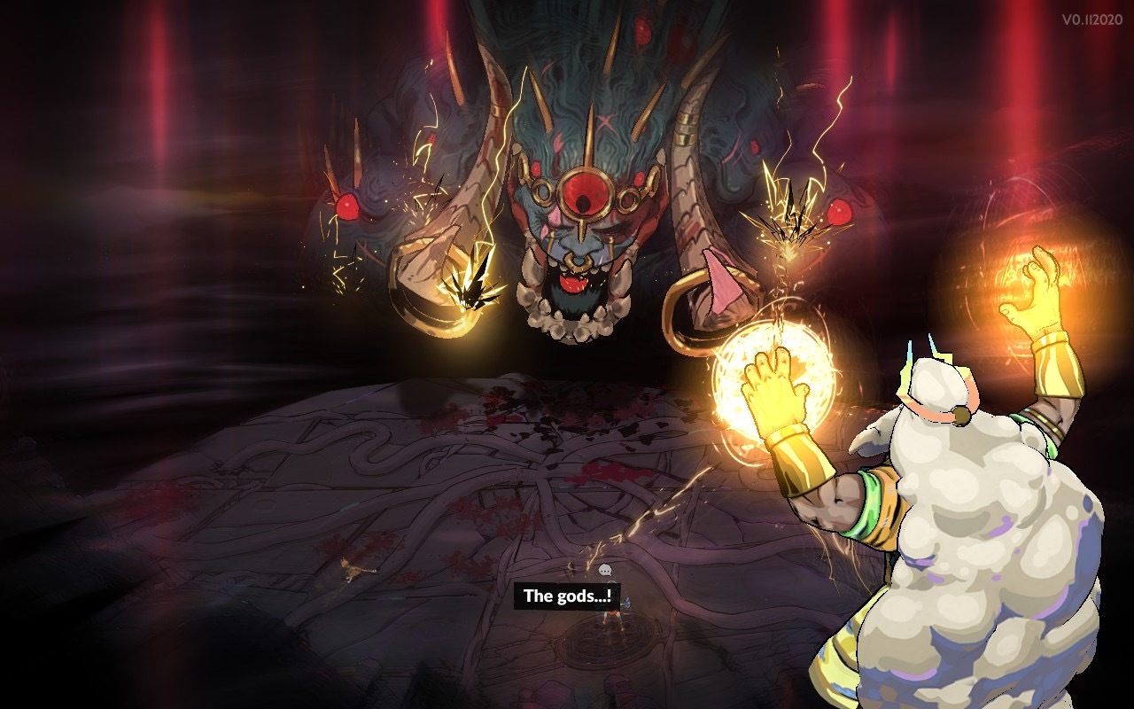 Hades 2 early access screenshot of Zeus blasting Typhon with thunder bolts at the summit of Mount Olympus