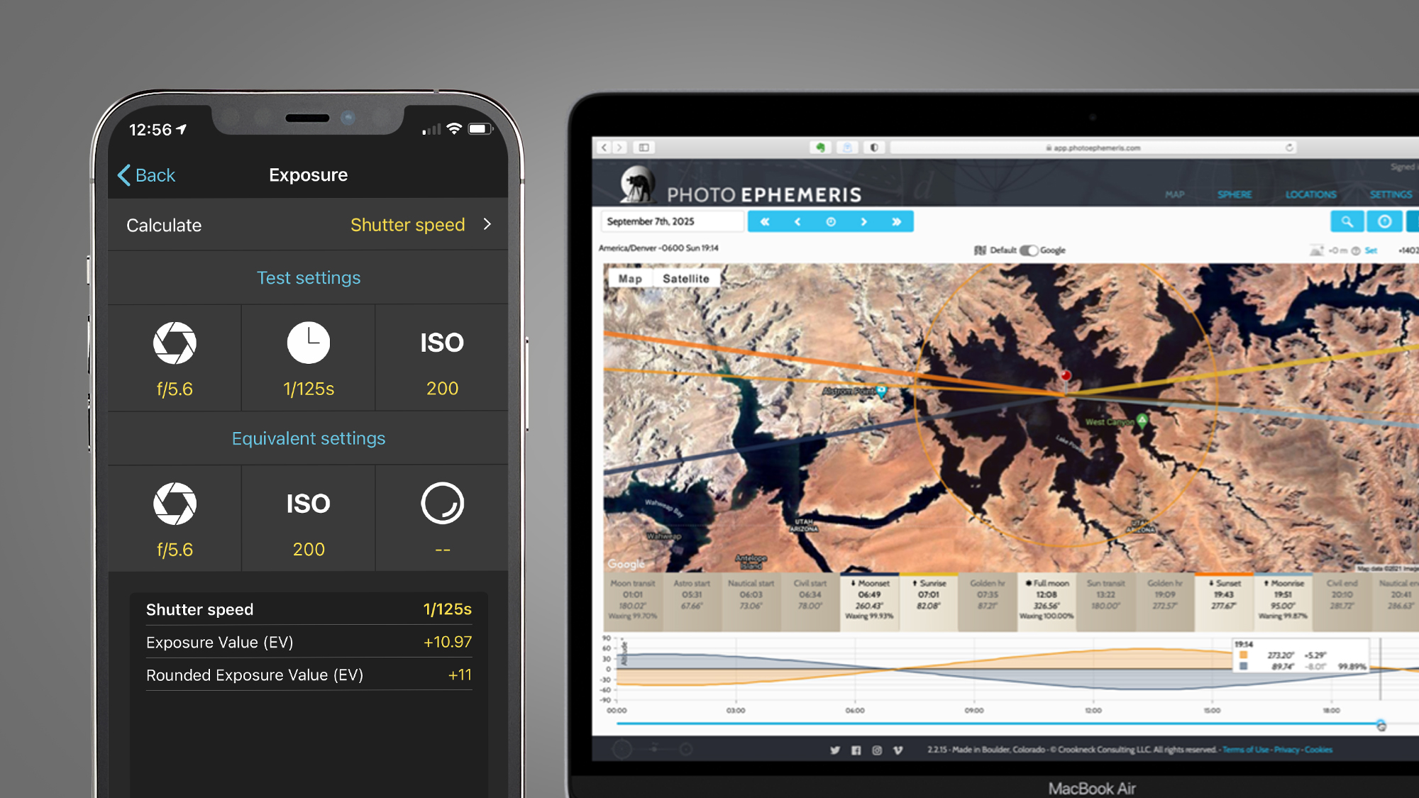 A phone running the Photopills app next to a laptop showing The Photographer's Ephemeris website