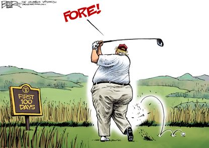 Political Cartoon U.S. President Trump First 100 days failure golfing fore