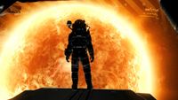 No Man's Sky COSMOS update - astronaut staring at an alarming close star, seen from behind