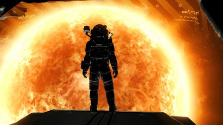 No Man's Sky COSMOS update - astronaut staring at an alarming close star, seen from behind