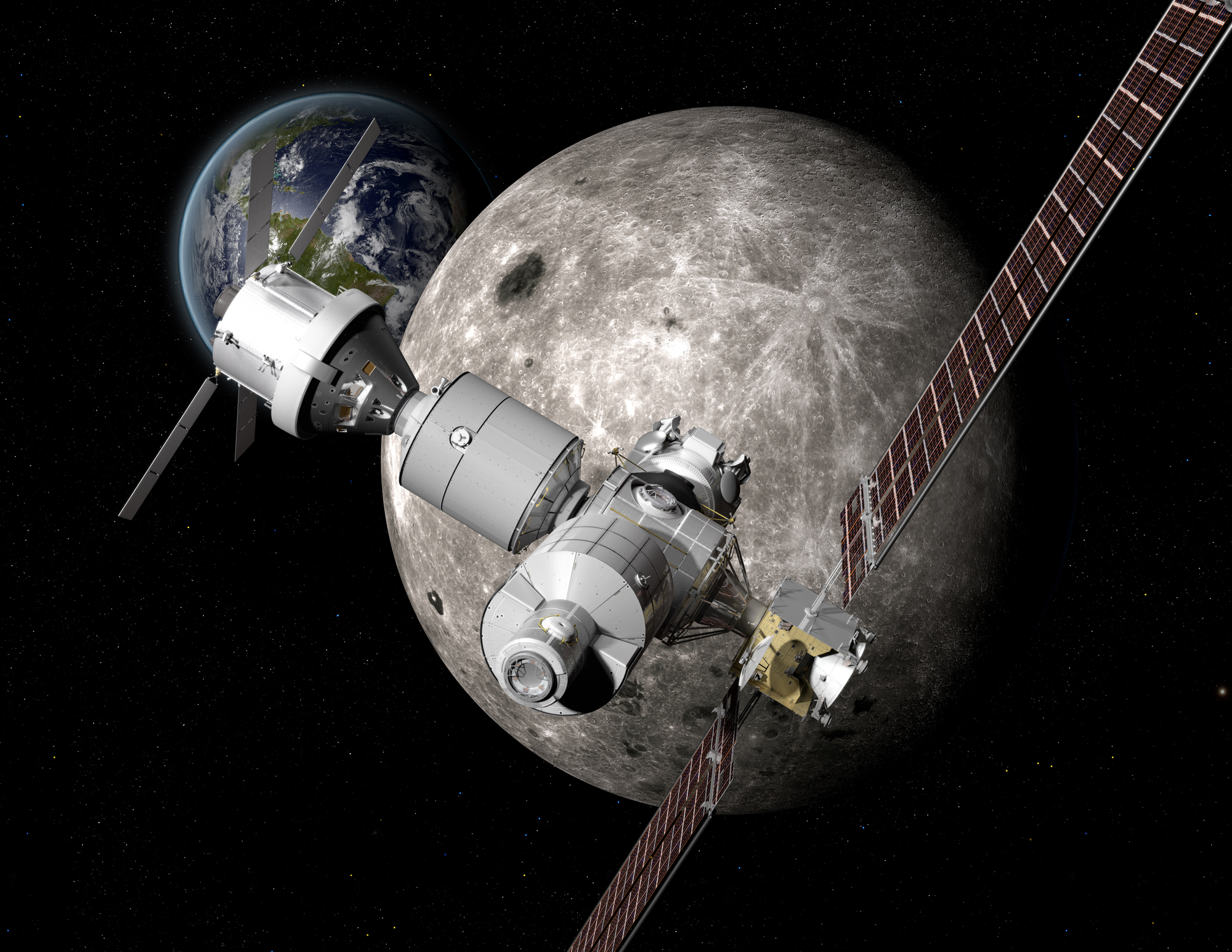 Boeing&#039;s design for a Deep Space Gateway, an astronaut outpost near the moon. NASA is developing plans for a new Lunar Orbital Platform Gateway in orbit near the moon for future astronaut missions.