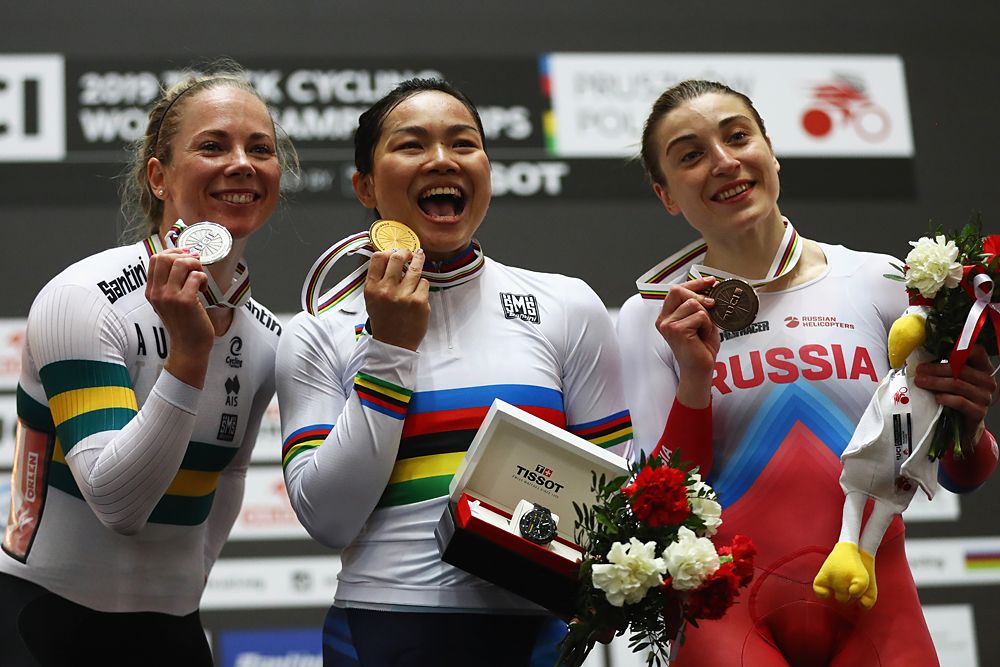 Kaarle McCulloch of Australia (Silver Medal), Lee Wai Sze of Hong Kong (Gold) and Daria Shmeleva of Russia (Bronze) pose on the podium for the Women's Keirin Final on day five of the UCI Track Cycling World Championships