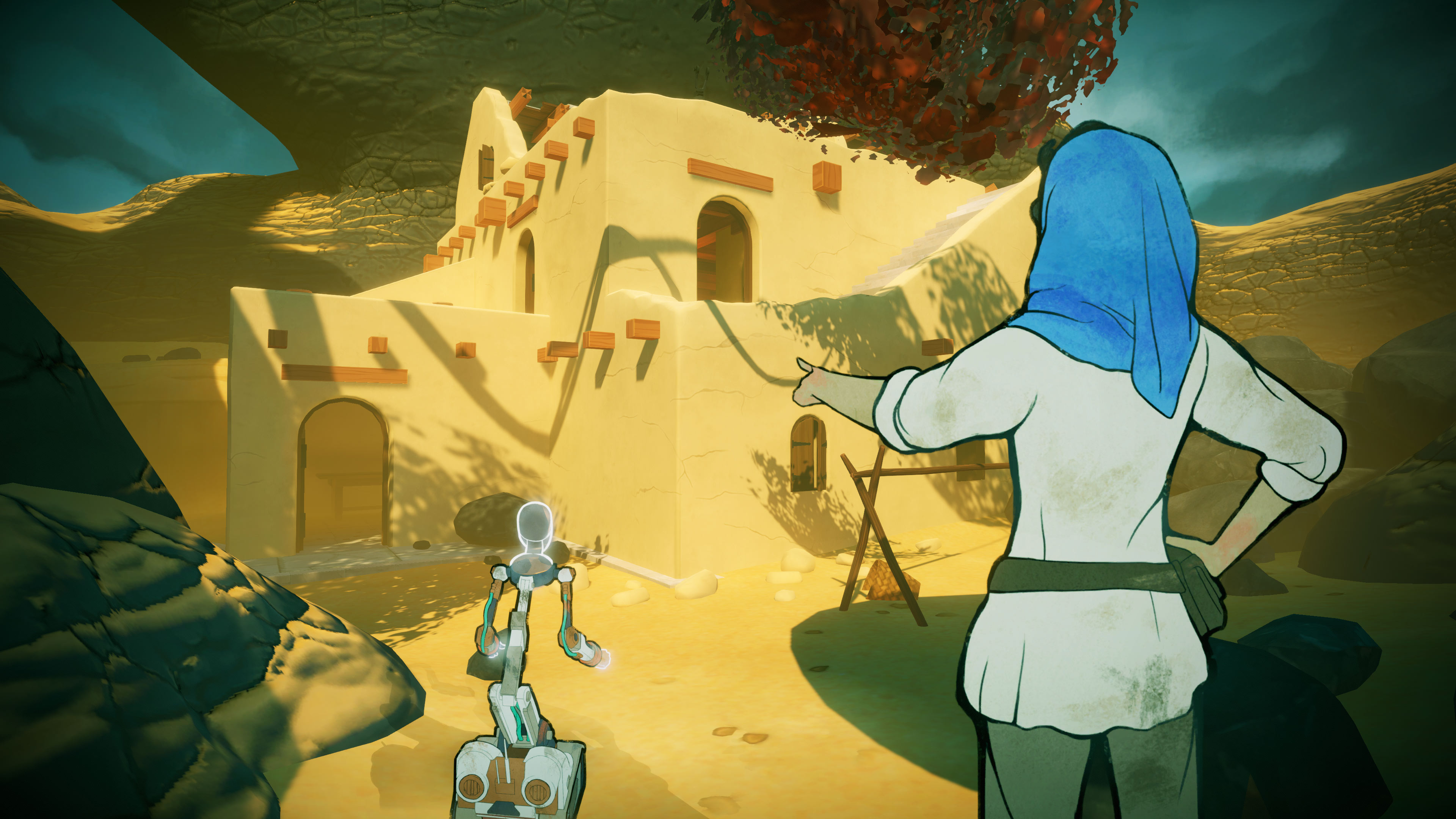 A screenshot of Heaven's Vault, showing player character Aliya Elasra and robot sidekick Six travelling towards an investigation site