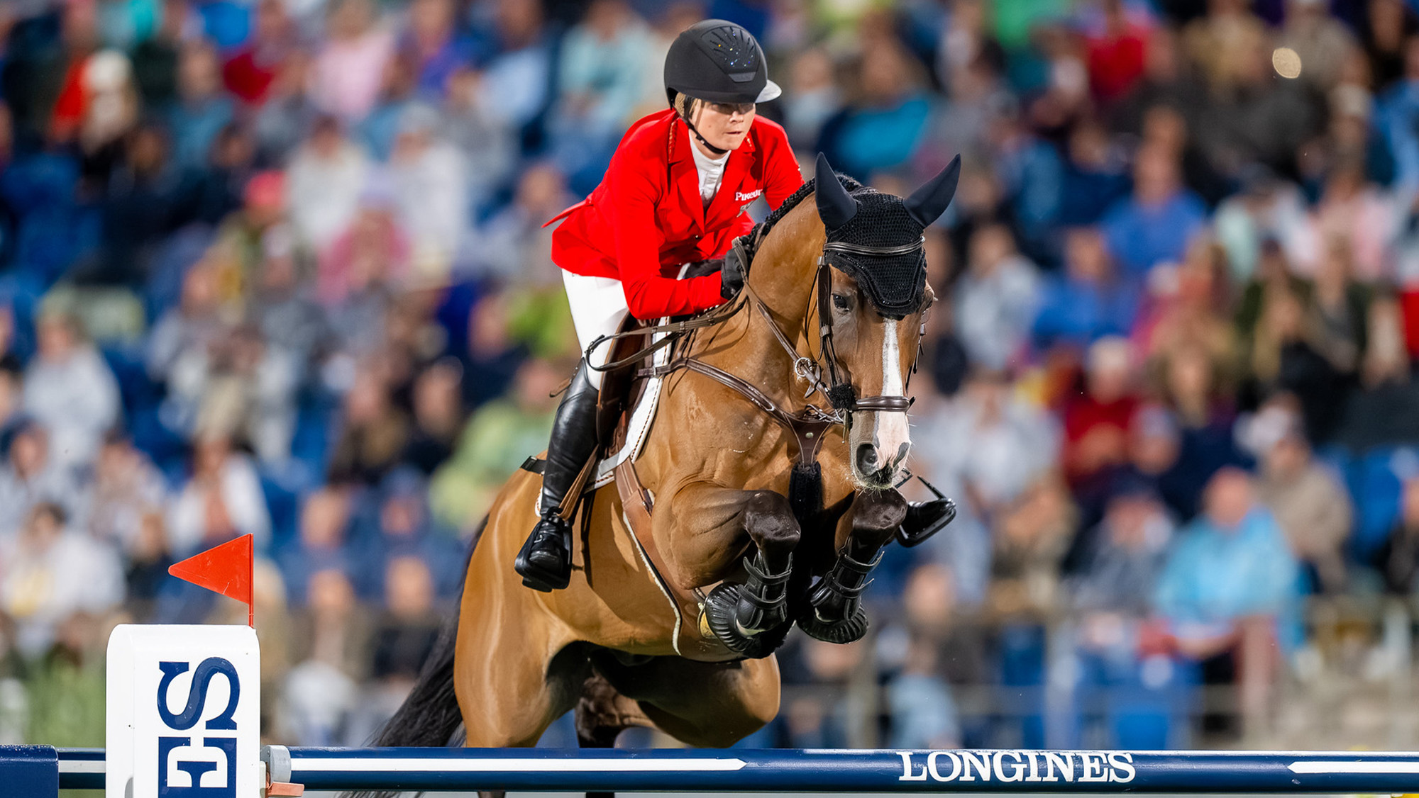 Close up of Sophie Hinners jumping bay horse at FEI World Championships in Aachen
