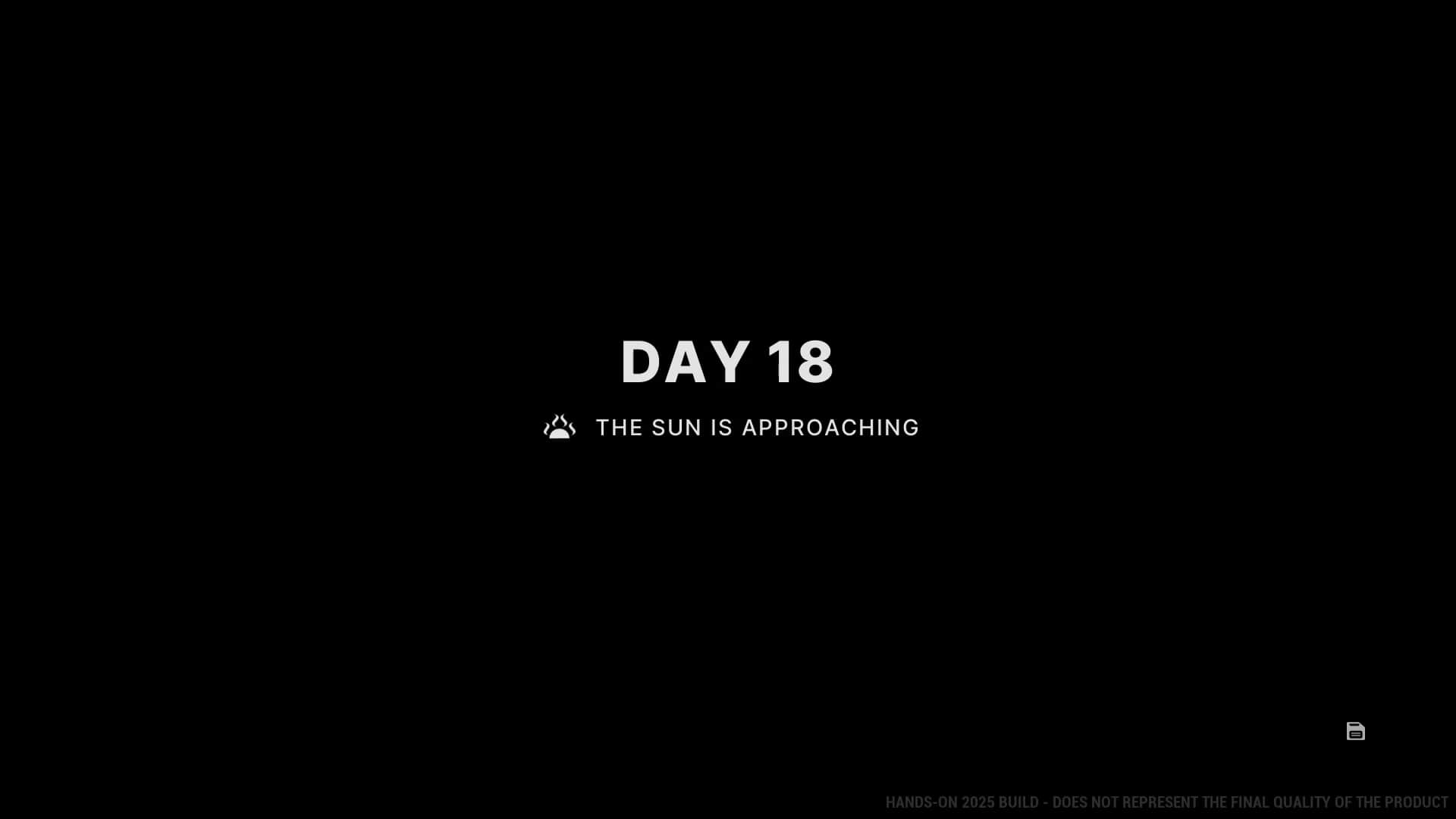 The Alters screenshot of the new day screen, showing day 18, with the sun approaching.