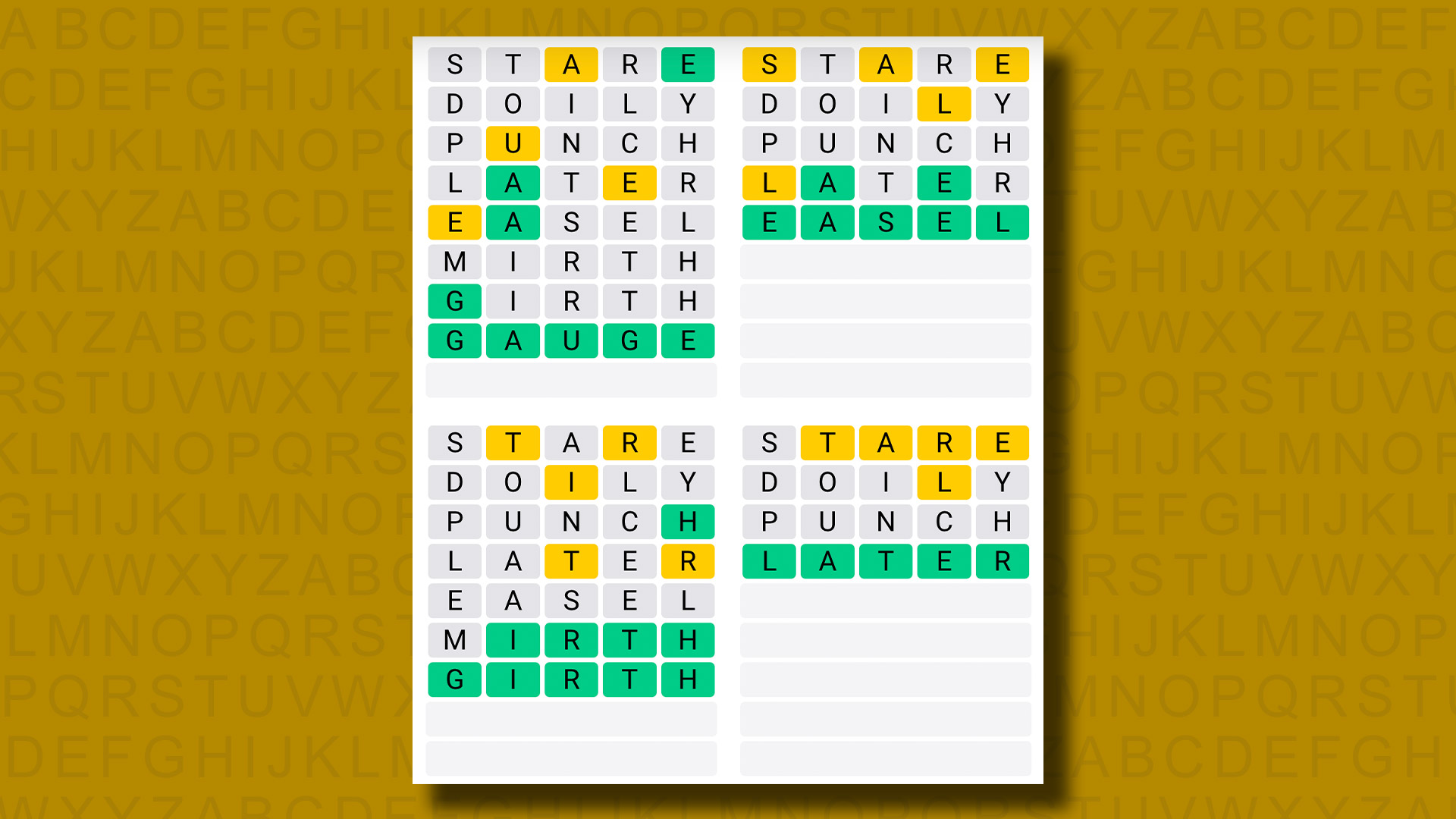 Respuestas del juego Quordle para el juego 916 sobre un fondo amarillo