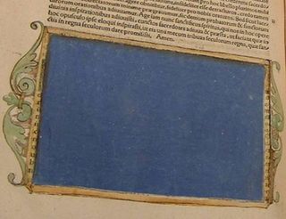 In contrast this 1538 book, containing essays by Erasmus introducing the work of St. Ambrose, was censored beautifully, this section with a blue pigment and ornately designed border.