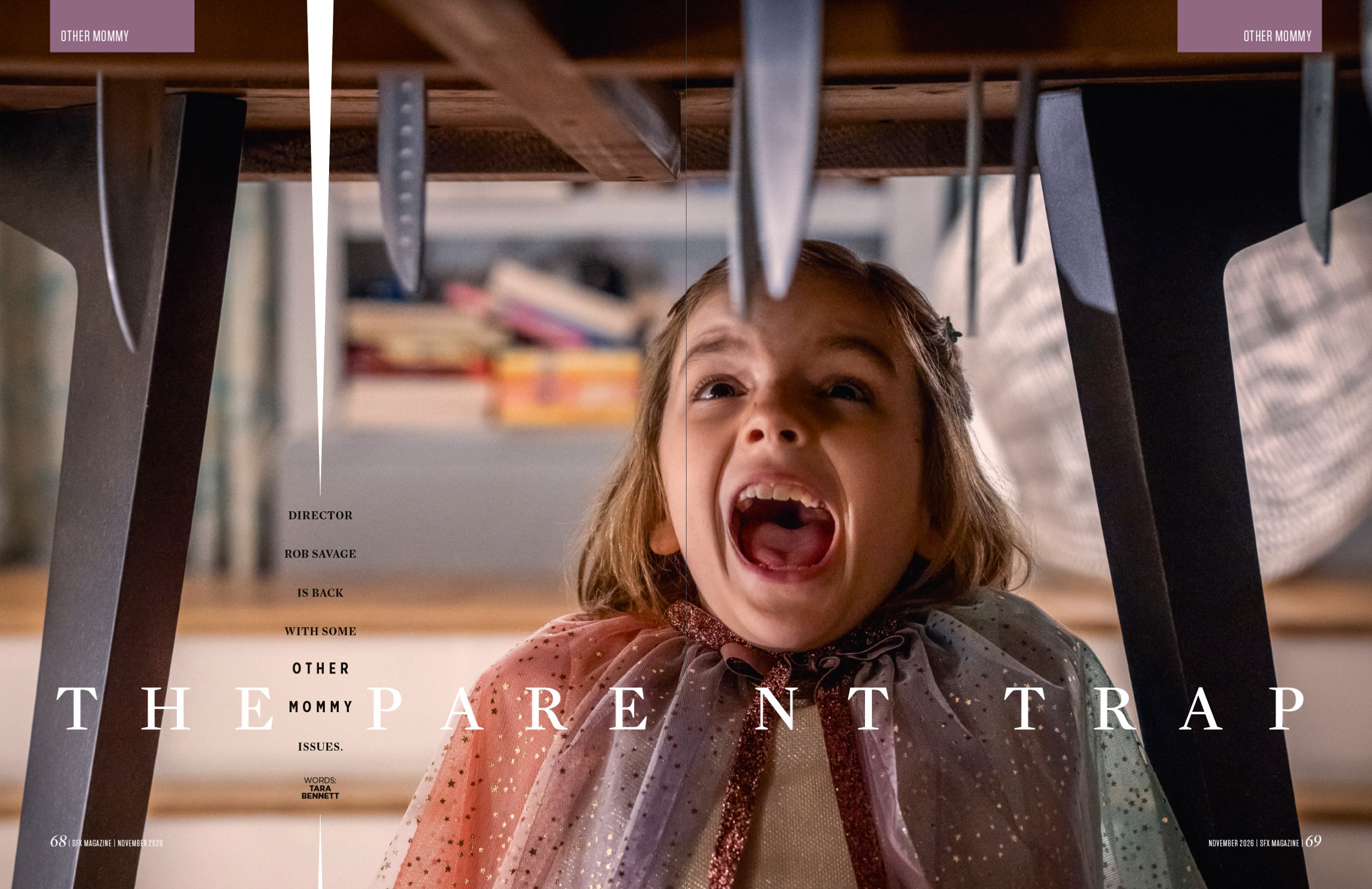 A little girl under a table, screaming as knives come through it.