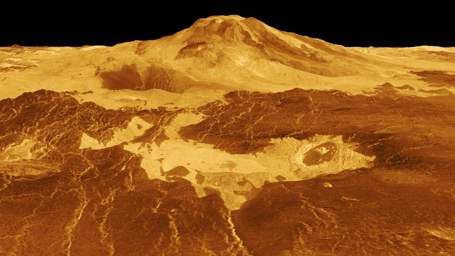 Venus - 3D-Perspektivansicht von Maat Mons.  NASA & JPL.