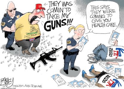 Editorial Cartoon U.S. Democrats Take Guns Give Healthcare