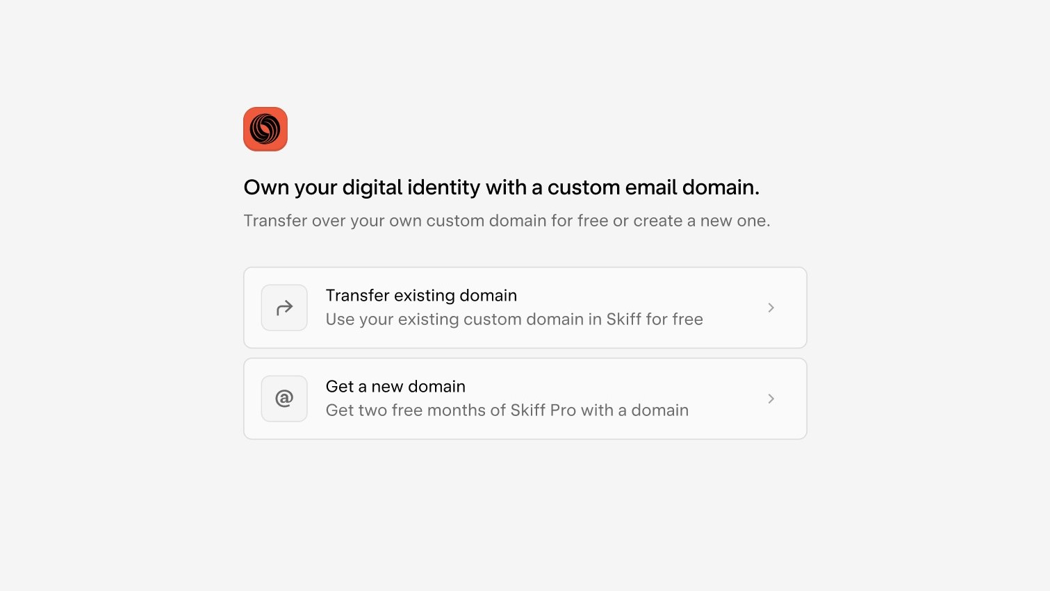 Skiff interface to transfer an existing domain or get a new one