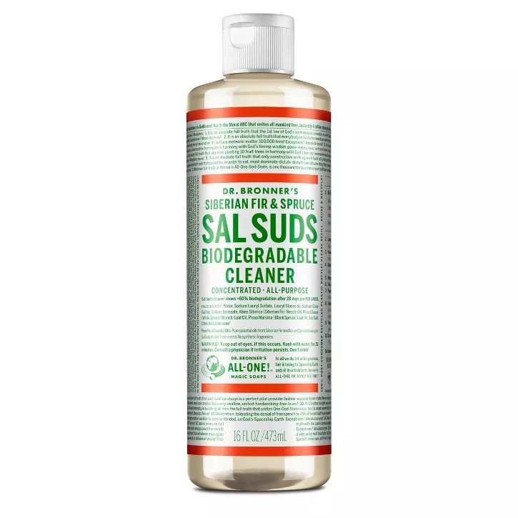 A bottle of Sal Suds with green writing on the label