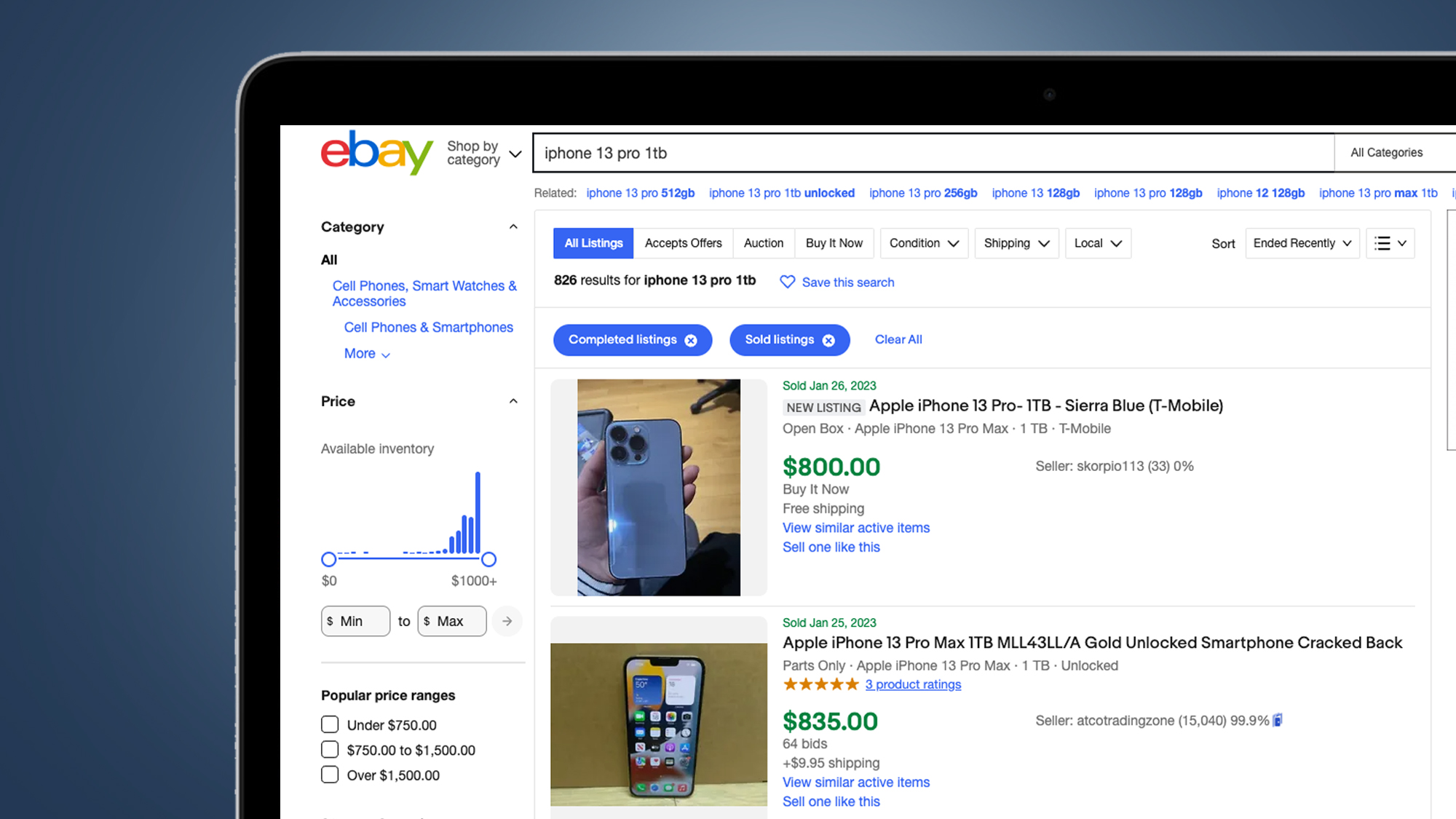 A laptop screen showing an iPhone 13 Pro listing on eBay