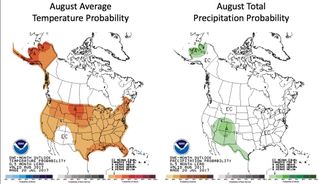 August will likely be a hot month (right), and only rainy in some areas of the country (left). The white part of the map indicates that meteorologists can't find strong signals indicating how hot or rainy it will be.