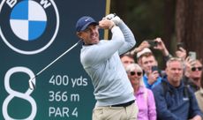 Rory McIlroy hits a tee shot at at Wentworth during the 2026 BMW PGA Championship