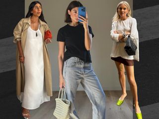 digital collage of three British fashion influencers including Monikh Dale, Marianne Smyth, and Lucy Williams wearing neutral outfits with colorful bags, shoes, and accessories