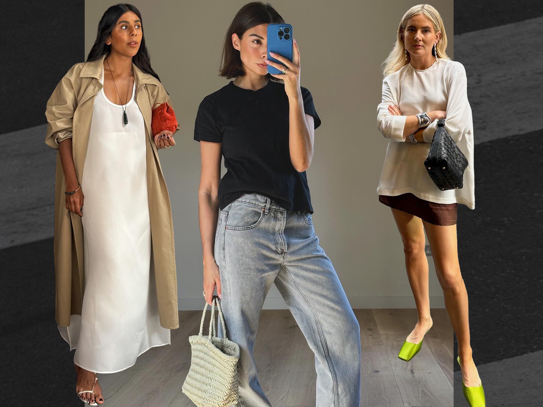 Monikh Dale, Marianne Smyth, and Lucy Williams wearing neutral outfits with colorful bags, shoes, and accessories.