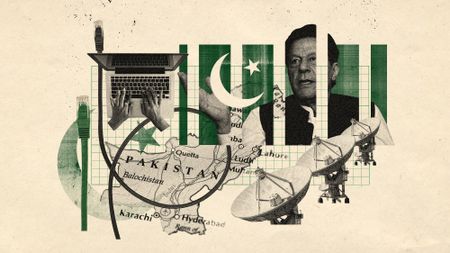 Photo collage of Imran Khan, the map of Pakistan, ethernet cables and other tech imagery