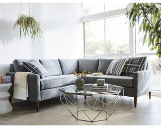 A gray velvet sectional sofa