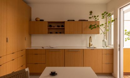 Wooden kitchen cabinets with a few books and a vase displayed on top
