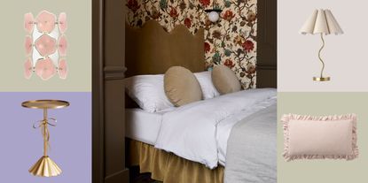 modern coquette bedroom with florals and draped fabrics, surrounded by a lamp, wall sconce, side table, and ruffled pillow
