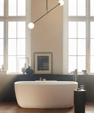 white freestanding bath with modern black and glass pendant light above