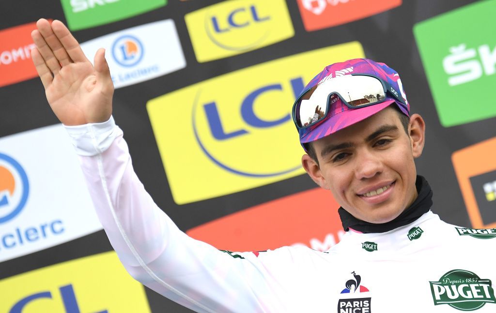 EF Pro Cycling Colombias rider Sergio Higuita celebrates his young rider white jersey at the end of the 2125 km 3rd stage of the 78th Paris Nice cycling race stage between ChalettesurLoing and La Chatre on March 10 2020 Photo by Alain JOCARD AFP Photo by ALAIN JOCARDAFP via Getty Images