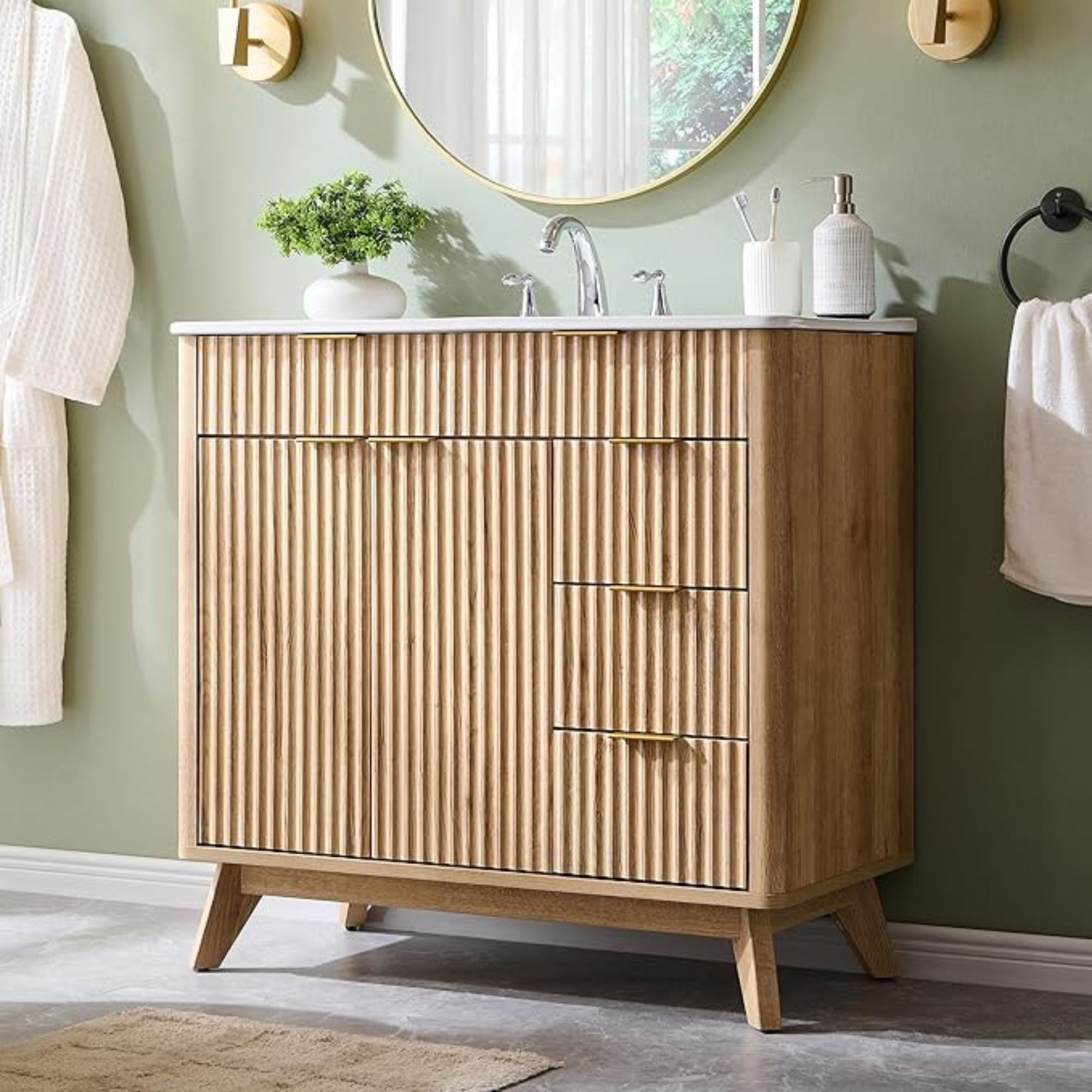 Fluted Bathroom Vanity with Ceramic Sink