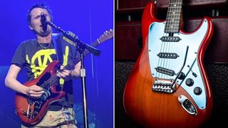 Matt Bellamy performs live with a Manson Stratocaster-style electric guitar