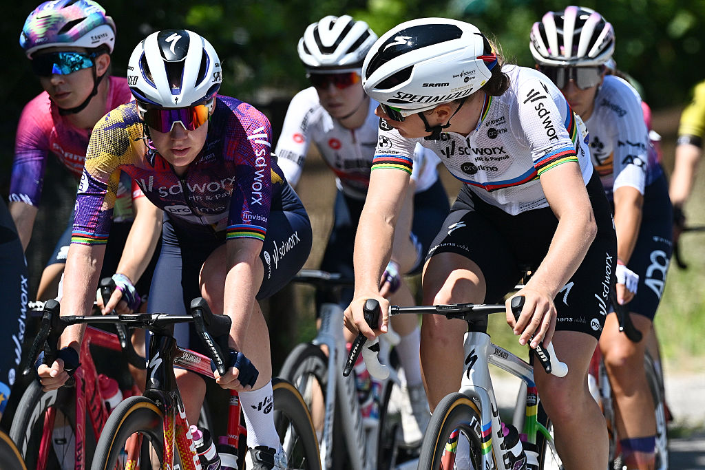 MONSELICE, ITALY - JULY 10: (L-R) Anna Van Der Breggen of Netherlands and Lotte Kopecky of Belgium and Team SD Worx - Protime compete during the 36th Giro d'Italia Women 2025, Stage 5 a 120km stage from Mirano to Monselice / #UCIWWT / on July 10, 2025 in Monselice, Italy. (Photo by Luc Claessen/Getty Images)