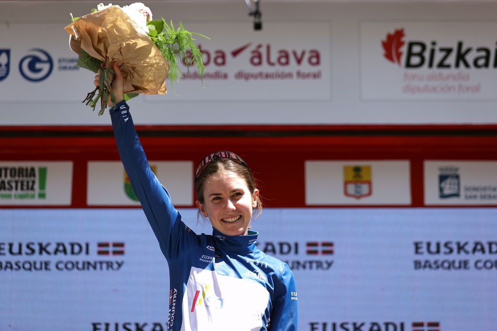 SAN SEBASTIAN SPAIN MAY 15 Niamh FisherBlack of New Zealand and Team SD Worx celebrates winning the Blue Best Young Rider Jersey on the podium ceremony after the 1st Itzulia Women 2022 Stage 3 a 1398km stage from DonostiaSan Sebastin to DonostiaSan Sebastin ItzuliaWomen UCIWWT on May 15 2022 in San Sebastian Spain Photo by Gonzalo Arroyo MorenoGetty Images