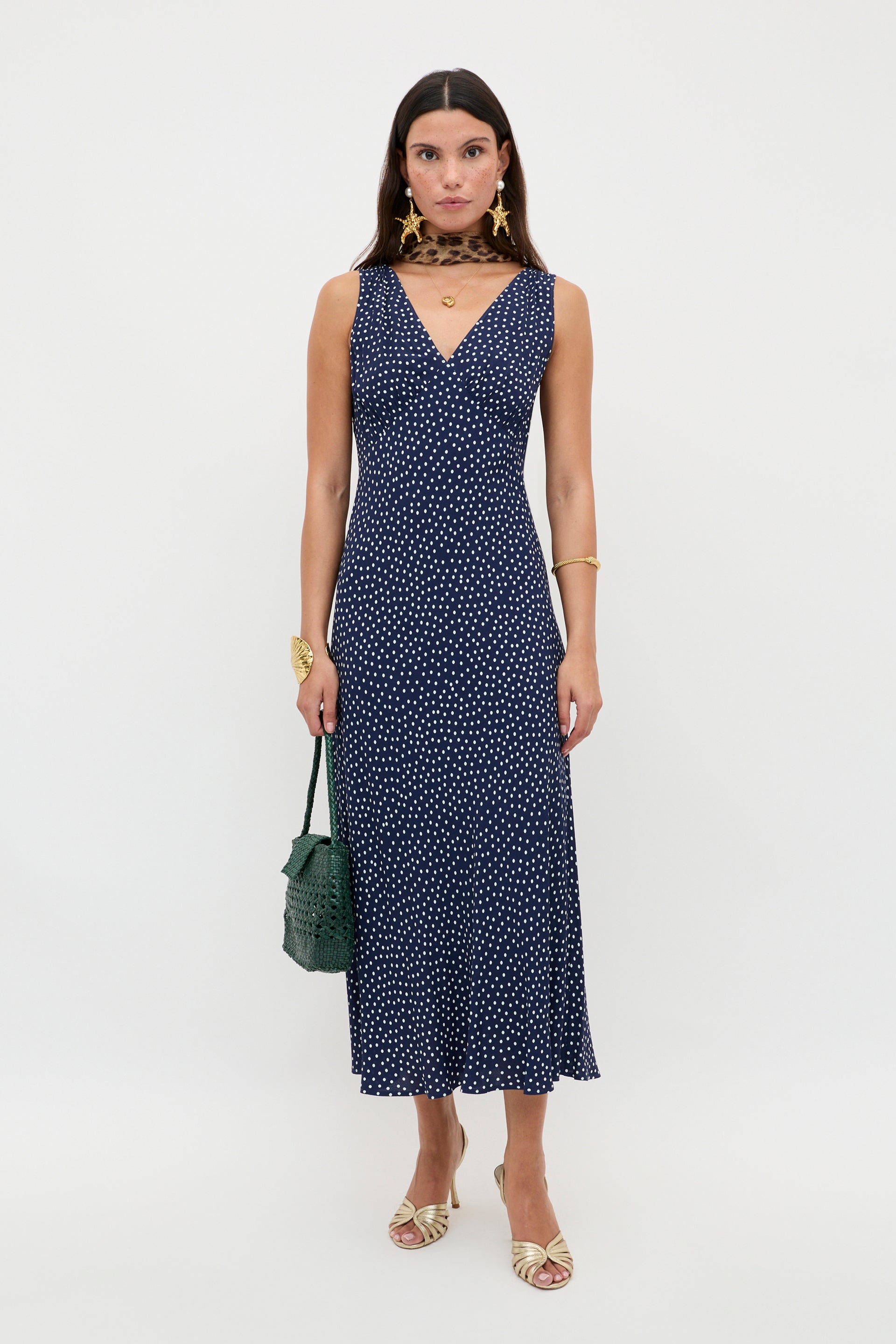 Sandrine Midi Dress in Mini Navy Polka Dot
