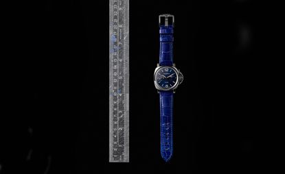 blue Panerai Luminor Due Luna watch next to a ruler
