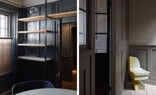Left, a view of the study shelves, featuring Oswald Haerdtl's and Right, a view of the top floor laundry room entrance
