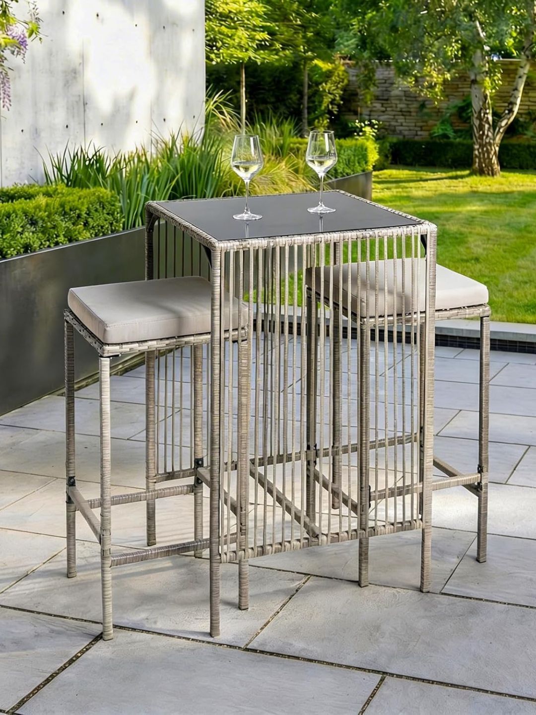OHS, Ohs Bar Table and Chairs Set, Square Breakfast Bar Table Cushion Seating Rattan Metal Frame Glass Top Dining Tables Set for 2 Space Saving for Indoor Outdoor Party Room - Amalfi, Grey