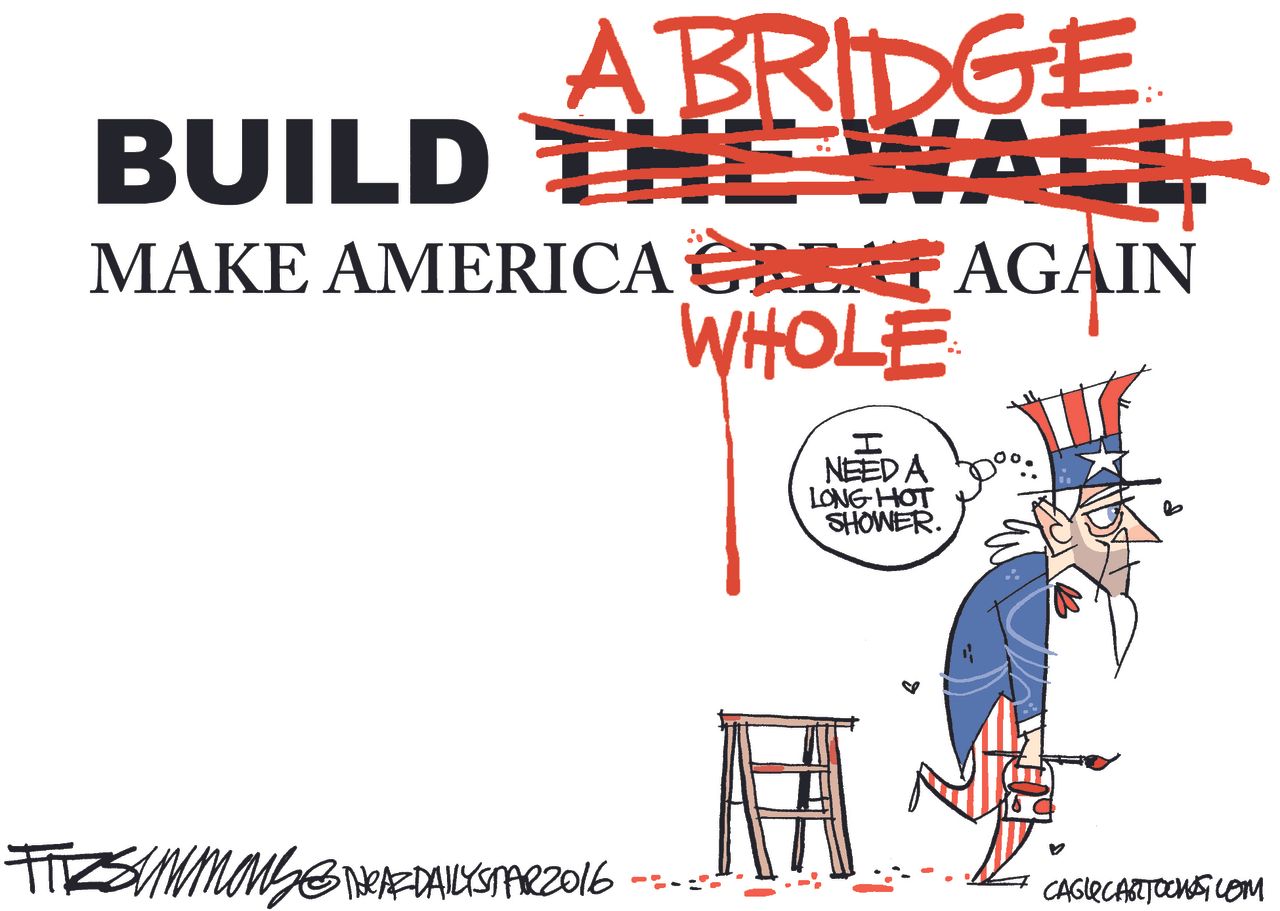 Political cartoon U.S. 2016 election Hillary Clinton Donald Trump Build A Bridge