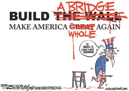 Political cartoon U.S. 2016 election Hillary Clinton Donald Trump Build A Bridge