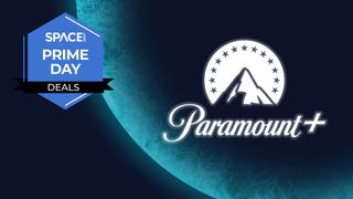 The silhouette of a mountain is surrounded by a halo and stars with the cursive writing "Paramount+" written underneath, all on a blue planet background with the space.com logo in the top left corner.