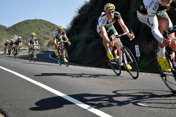 Kelly Benefit Strategies riders bomb a descent at 50mph.