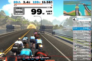 Image shows cyclist avatars riding on Zwift's virtual roads.