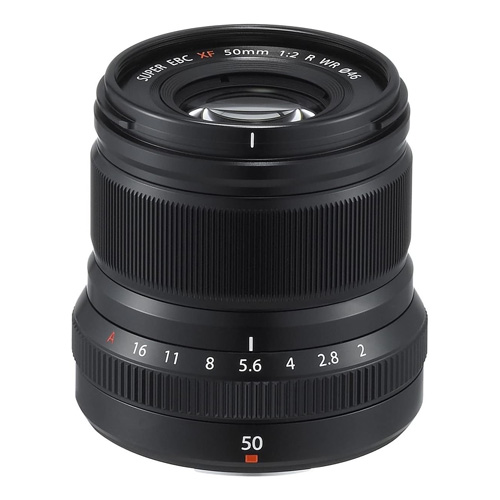 A Fujifilm XF50mmF2 R WR lens on white background