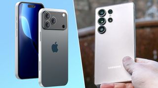 Rendered image of iPhone 17 Pro Max and person holding Galaxy S25 Ultra.