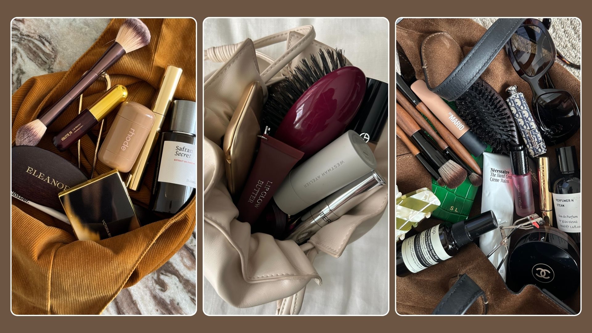 A collage featuring three editor's different makeup bags and beauty products inside